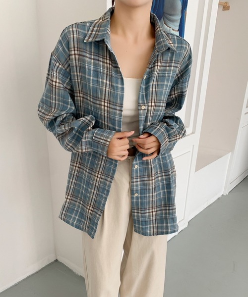 aimoha（アイモハ）の「ビッグシルエット チェックシャツ チュニック（シャツ/ブラウス・レディース・ブルー/イエロー/ブラウン・FREE）」の8枚目の写真