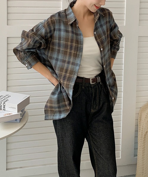 aimoha（アイモハ）の「ビッグシルエット チェックシャツ チュニック（シャツ/ブラウス・レディース・ブルー/イエロー/ブラウン・FREE）」の16枚目の写真