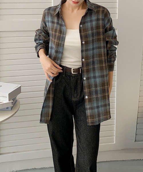 aimoha（アイモハ）の「ビッグシルエット チェックシャツ チュニック（シャツ/ブラウス・レディース・ブルー/イエロー/ブラウン・FREE）」の15枚目の写真