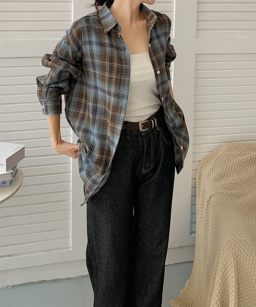 aimoha（アイモハ）の「ビッグシルエット チェックシャツ チュニック（シャツ/ブラウス・レディース・ブルー/イエロー/ブラウン・FREE）」の13枚目の写真