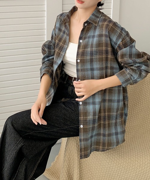 aimoha（アイモハ）の「ビッグシルエット チェックシャツ チュニック（シャツ/ブラウス・レディース・ブルー/イエロー/ブラウン・FREE）」の18枚目の写真