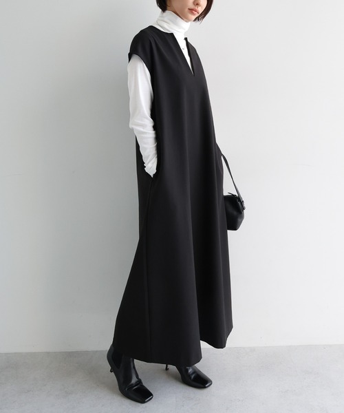 ウール混Vネックロングワンピース（ワンピース）｜evernavy（エバー