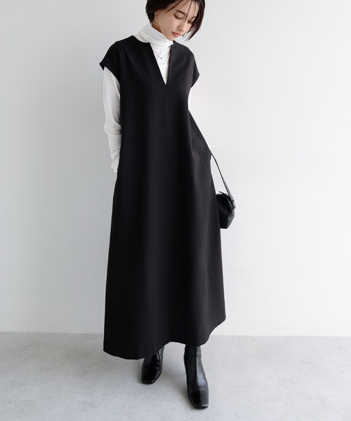 ウール混Vネックロングワンピース(ワンピース)|evernavy(エバー ウール混Vネックロングワンピース(ワンピース)|evernavy(エバー