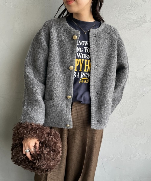 ORCIVAL（オーシバル）の「[ORCIVAL/オーシバル] クルーネック ブークレニットカーディガン（カーディガン/ボレロ・レディース・グレー/ネイビー・1）」の6枚目の写真