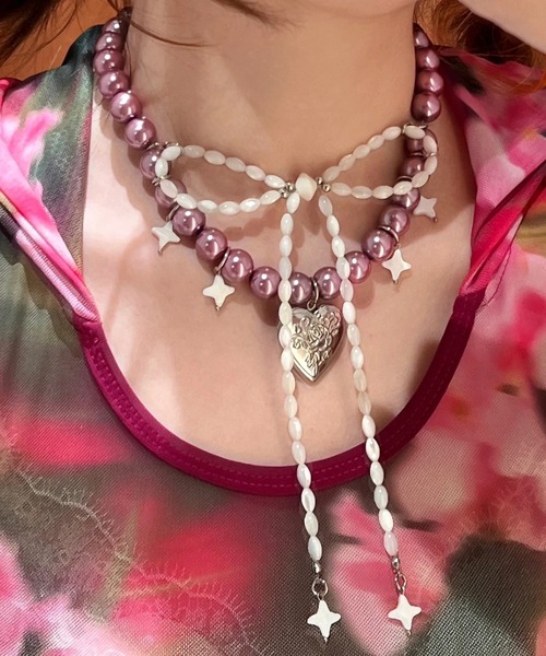 セール】ぷっくりパール×リボン重ねネックレスY2Kガーリー（ネックレス