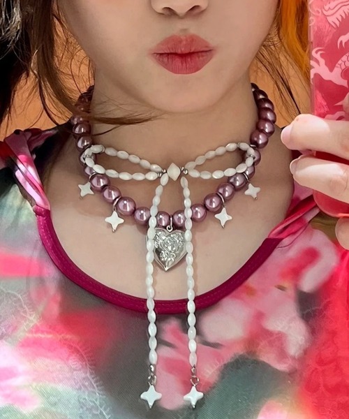 セール】ぷっくりパール×リボン重ねネックレスY2Kガーリー（ネックレス