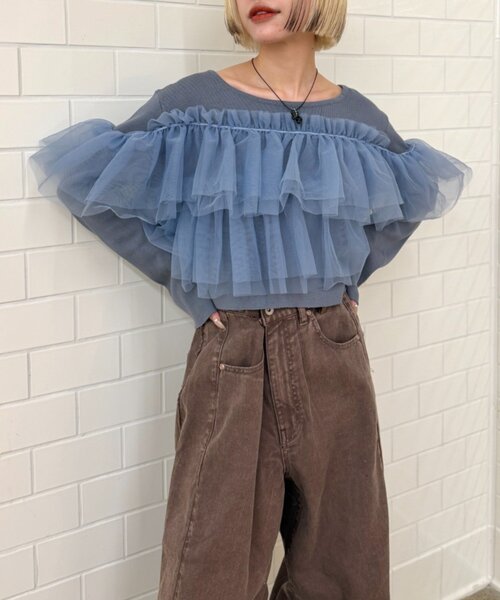 w closet(ダブルクローゼット)の「チュールフリルニット(ニット/セーター・レディース・アイボリー/ブラック/グレー/ブルー/レッド・FREE)」の19枚目の写真