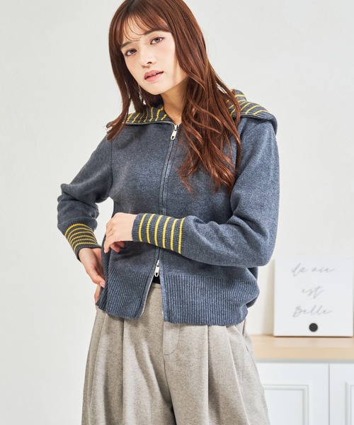 MISCH MASCH(ミッシュマッシュ)の「ZOZO限定 ボーダー襟ダブルジップニットカーディガン(カーディガン/ボレロ・レディース・グレー/ホワイト・フリ-)」の4枚目の写真