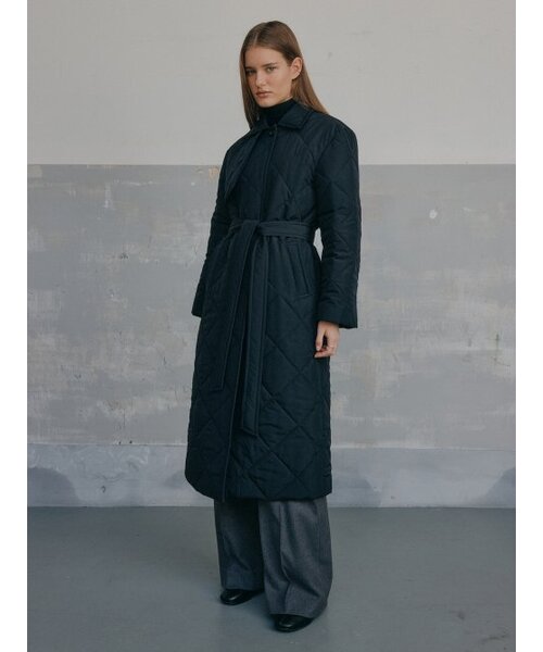 キルティングロングコート -ブラック