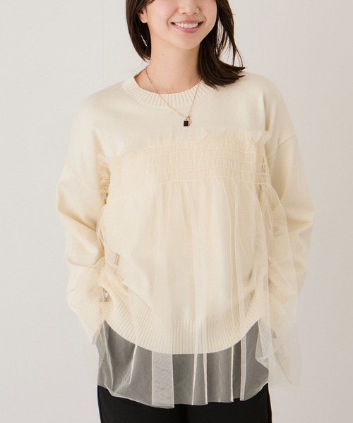 Jayro(ジャイロ)の「チュールフリル重ねニットプルオーバー(Tシャツ/カットソー・レディース・オフホワイト・M)」の1枚目の写真