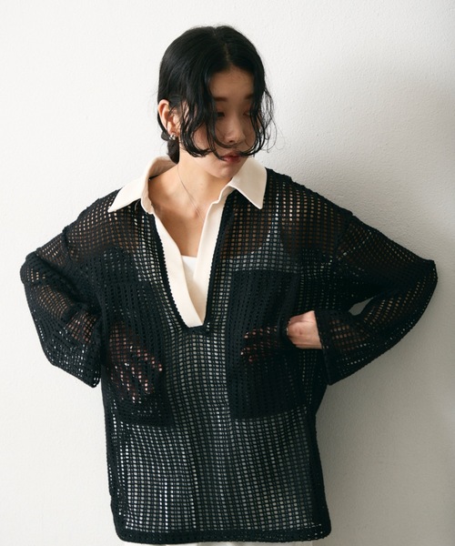 Lutim by u(ルチバイユー)の「メッシュ2WAYシルエットポロトップス(Tシャツ/カットソー・レディース・ブラック/ナチュラル/ブラック系その他・FREE)」の3枚目の写真