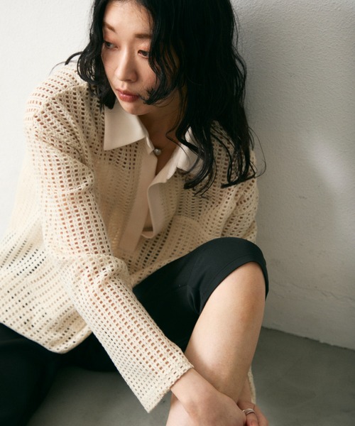 Lutim by u(ルチバイユー)の「メッシュ2WAYシルエットポロトップス(Tシャツ/カットソー・レディース・ブラック/ナチュラル/ブラック系その他・FREE)」の1枚目の写真