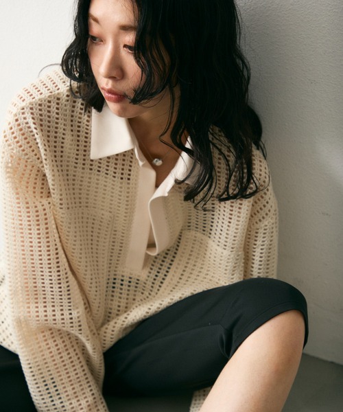 Lutim by u(ルチバイユー)の「メッシュ2WAYシルエットポロトップス(Tシャツ/カットソー・レディース・ブラック/ナチュラル/ブラック系その他・FREE)」の10枚目の写真