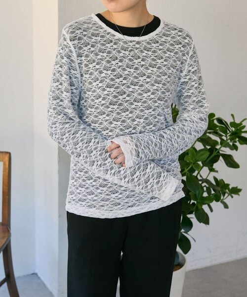ear PAPILLONNER(イアパピヨネ)の「シアーレーストップス【SUM1 STYLE】(Tシャツ/カットソー・レディース・ブラック/ホワイト・FREE)」の3枚目の写真