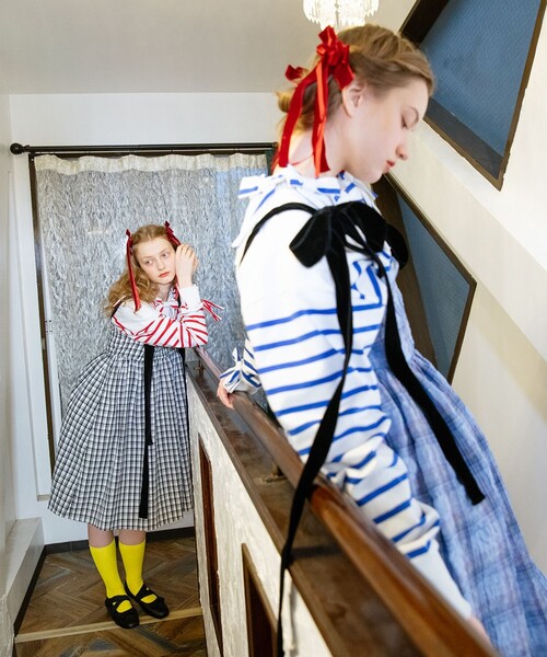 CAROLINA GLASER（カロリナ グレイサー）の「ベロアリボン チェック ミモレ丈 キャミソール ワンピース（ワンピース・レディース・サックスブルー/ブラック・ONE SIZE）」の14枚目の写真