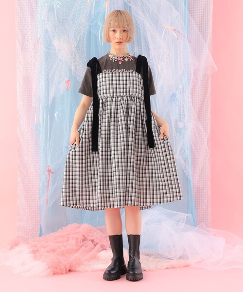 CAROLINA GLASER（カロリナ グレイサー）の「ベロアリボン チェック ミモレ丈 キャミソール ワンピース（ワンピース・レディース・サックスブルー/ブラック・ONE SIZE）」の15枚目の写真