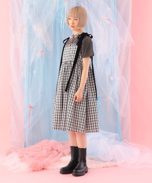 CAROLINA GLASER（カロリナ グレイサー）の「ベロアリボン チェック ミモレ丈 キャミソール ワンピース（ワンピース・レディース・サックスブルー/ブラック・ONE SIZE）」の17枚目の写真