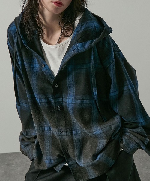 Alfred Alex（アルフレッドアレックス）の「【Alfred Alex】グラデーション チェック フードシャツ（シャツ/ブラウス・メンズ・ブラウン/ネイビー/ブラック/グレー・S/M/L）」の13枚目の写真