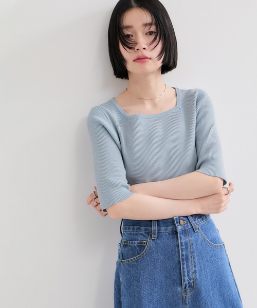LE CERCLE par rope'(ルセルクルパーロペ)の「スクエアネックメランジ半袖ニットプルオーバー(ニット/セーター・レディース・ブルー系その他6/ブラウン系その他/ブラック系その他・FREE)」の11枚目の写真