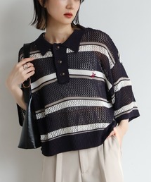 【Beverly Hills Polo Club/ビバリーヒルズ ポロクラブ】リネンライク メッシュワイド ボーダー 配色ポロニット