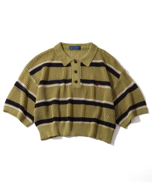 BEVERLY HILLS POLO CLUB(ビバリーヒルズポロクラブ)の「【Bevery Hills Polo Club/ビバリーヒルズ ポロクラブ】リネンライク メッシュワイド ボーダー 配色ポロニット(ニット/セーター・レディース・ネイビー/ライトグリーン/アイボリー・M)」の2枚目の写真
