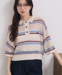 BEVERLY HILLS POLO CLUB | 【Bevery Hills Polo Club/ビバリーヒルズ ポロクラブ】リネンライク メッシュワイド ボーダー 配色ポロニット(ニット/セーター)