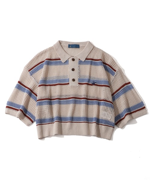 BEVERLY HILLS POLO CLUB(ビバリーヒルズポロクラブ)の「【Bevery Hills Polo Club/ビバリーヒルズ ポロクラブ】リネンライク メッシュワイド ボーダー 配色ポロニット(ニット/セーター・レディース・ネイビー/ライトグリーン/アイボリー・M)」の15枚目の写真