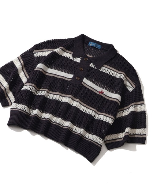BEVERLY HILLS POLO CLUB(ビバリーヒルズポロクラブ)の「【Bevery Hills Polo Club/ビバリーヒルズ ポロクラブ】リネンライク メッシュワイド ボーダー 配色ポロニット(ニット/セーター・レディース・ネイビー/ライトグリーン/アイボリー・M)」の9枚目の写真