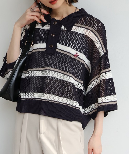 BEVERLY HILLS POLO CLUB(ビバリーヒルズポロクラブ)の「【Bevery Hills Polo Club/ビバリーヒルズ ポロクラブ】リネンライク メッシュワイド ボーダー 配色ポロニット(ニット/セーター・レディース・ネイビー/ライトグリーン/アイボリー・M)」の4枚目の写真