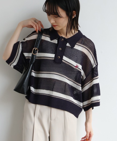 BEVERLY HILLS POLO CLUB(ビバリーヒルズポロクラブ)の「【Bevery Hills Polo Club/ビバリーヒルズ ポロクラブ】リネンライク メッシュワイド ボーダー 配色ポロニット(ニット/セーター・レディース・ネイビー/ライトグリーン/アイボリー・M)」の5枚目の写真