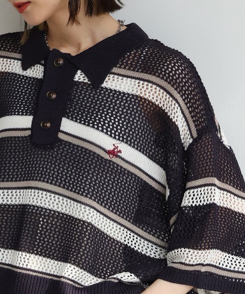 BEVERLY HILLS POLO CLUB(ビバリーヒルズポロクラブ)の「【Bevery Hills Polo Club/ビバリーヒルズ ポロクラブ】リネンライク メッシュワイド ボーダー 配色ポロニット(ニット/セーター・レディース・ネイビー/ライトグリーン/アイボリー・M)」の6枚目の写真
