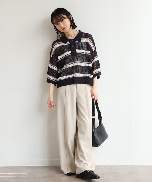 BEVERLY HILLS POLO CLUB(ビバリーヒルズポロクラブ)の「【Bevery Hills Polo Club/ビバリーヒルズ ポロクラブ】リネンライク メッシュワイド ボーダー 配色ポロニット(ニット/セーター・レディース・ネイビー/ライトグリーン/アイボリー・M)」の7枚目の写真