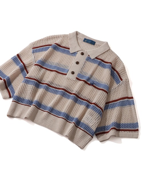 BEVERLY HILLS POLO CLUB(ビバリーヒルズポロクラブ)の「【Bevery Hills Polo Club/ビバリーヒルズ ポロクラブ】リネンライク メッシュワイド ボーダー 配色ポロニット(ニット/セーター・レディース・ネイビー/ライトグリーン/アイボリー・M)」の8枚目の写真