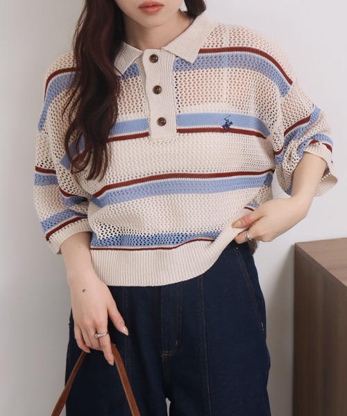BEVERLY HILLS POLO CLUB(ビバリーヒルズポロクラブ)の「【Bevery Hills Polo Club/ビバリーヒルズ ポロクラブ】リネンライク メッシュワイド ボーダー 配色ポロニット(ニット/セーター・レディース・ネイビー/ライトグリーン/アイボリー・M)」の19枚目の写真