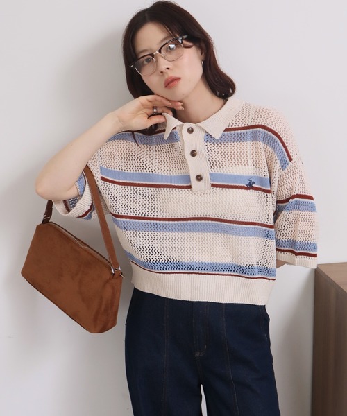 BEVERLY HILLS POLO CLUB(ビバリーヒルズポロクラブ)の「【Bevery Hills Polo Club/ビバリーヒルズ ポロクラブ】リネンライク メッシュワイド ボーダー 配色ポロニット(ニット/セーター・レディース・ネイビー/ライトグリーン/アイボリー・M)」の20枚目の写真