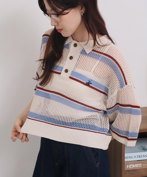 BEVERLY HILLS POLO CLUB(ビバリーヒルズポロクラブ)の「【Bevery Hills Polo Club/ビバリーヒルズ ポロクラブ】リネンライク メッシュワイド ボーダー 配色ポロニット(ニット/セーター・レディース・ネイビー/ライトグリーン/アイボリー・M)」の21枚目の写真