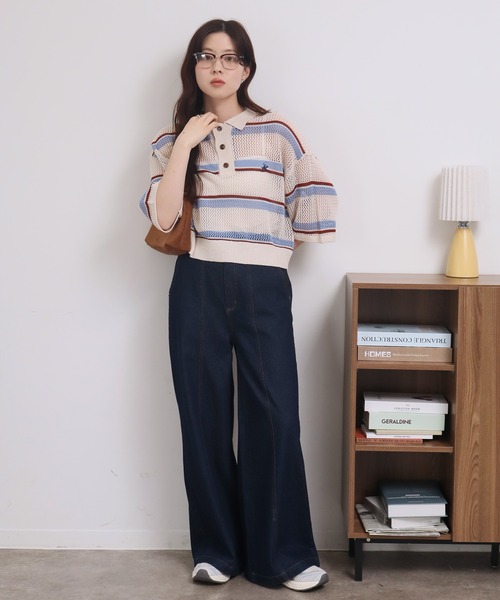 BEVERLY HILLS POLO CLUB(ビバリーヒルズポロクラブ)の「【Bevery Hills Polo Club/ビバリーヒルズ ポロクラブ】リネンライク メッシュワイド ボーダー 配色ポロニット(ニット/セーター・レディース・ネイビー/ライトグリーン/アイボリー・M)」の22枚目の写真