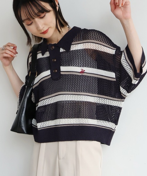 BEVERLY HILLS POLO CLUB(ビバリーヒルズポロクラブ)の「【Beverly Hills Polo Club/ビバリーヒルズ ポロクラブ】リネンライク メッシュワイド ボーダー 配色ポロニット(ニット/セーター・レディース・ネイビー/ライトグリーン/アイボリー・M)」の18枚目の写真