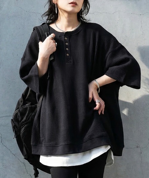 antiqua(アンティカ)の「ワッフル 綿100 ヘンリーネック Tシャツ(Tシャツ/カットソー・レディース・ブラック/カーキ/杢グレー/ナチュラル/ブルー/スミクロ・P/R)」の1枚目の写真