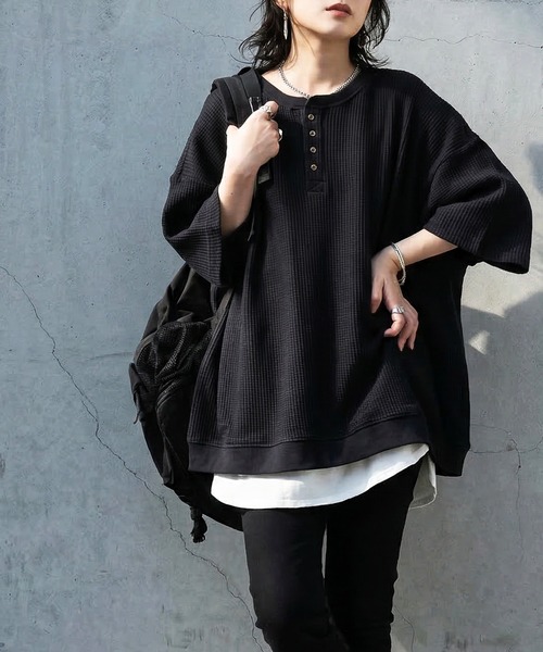 antiqua(アンティカ)の「ワッフル 綿100 ヘンリーネック Tシャツ(Tシャツ/カットソー・レディース・ブラック/カーキ/杢グレー/ナチュラル/ブルー/スミクロ・P/R)」の17枚目の写真