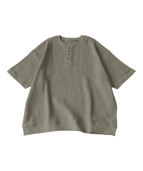 antiqua(アンティカ)の「ワッフル 綿100 ヘンリーネック Tシャツ(Tシャツ/カットソー・レディース・ブラック/カーキ/杢グレー/ナチュラル/ブルー/スミクロ・P/R)」の10枚目の写真