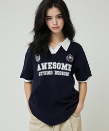 AWESOME STUDIO（オーサムスタジオ）の「カラーハイライトユニフォーム半袖Tシャツダークネイビー（ポロシャツ）」