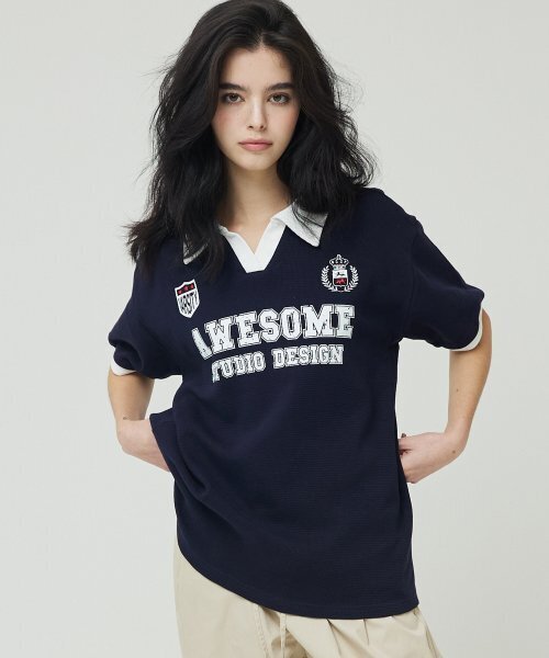 AWESOME STUDIO(オーサムスタジオ)の「カラーハイライトユニフォーム半袖Tシャツダークネイビー(ポロシャツ・レディース・その他・FREE)」の2枚目の写真