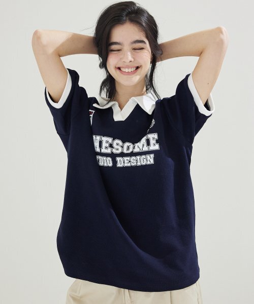 AWESOME STUDIO(オーサムスタジオ)の「カラーハイライトユニフォーム半袖Tシャツダークネイビー(ポロシャツ・レディース・その他・FREE)」の6枚目の写真