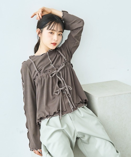 mil(ミル)の「【セット商品】 メローリブ ビスチェ×ロンT セット【586133】(Tシャツ/カットソー・レディース・アイボリー/ブラック/チャコールグレー・XS/S)」の1枚目の写真
