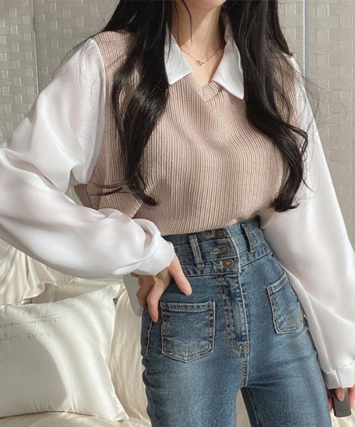 SallyLunn(サリーラン)の「ニットベストドッキング ブラウス(シャツ/ブラウス・レディース・ブラック/ブルー/ベージュ・LARGE/MEDIUM)」の13枚目の写真