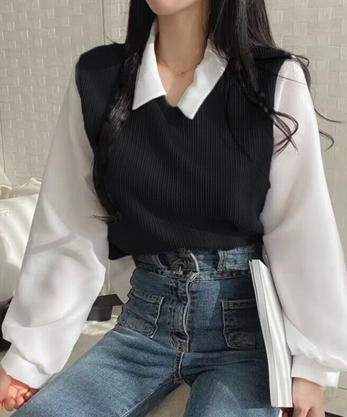 SallyLunn(サリーラン)の「ニットベストドッキング ブラウス(シャツ/ブラウス・レディース・ブラック/ブルー/ベージュ・LARGE/MEDIUM)」の4枚目の写真