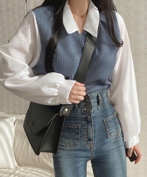 SallyLunn(サリーラン)の「ニットベストドッキング ブラウス(シャツ/ブラウス・レディース・ブラック/ブルー/ベージュ・LARGE/MEDIUM)」の7枚目の写真