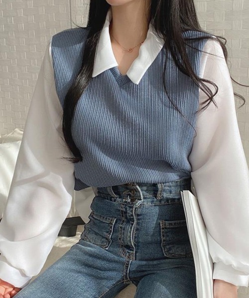 SallyLunn(サリーラン)の「ニットベストドッキング ブラウス(シャツ/ブラウス・レディース・ブラック/ブルー/ベージュ・LARGE/MEDIUM)」の8枚目の写真