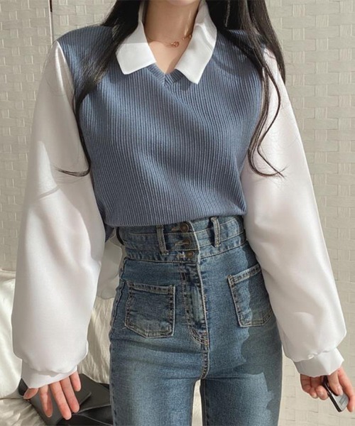 SallyLunn(サリーラン)の「ニットベストドッキング ブラウス(シャツ/ブラウス・レディース・ブラック/ブルー/ベージュ・LARGE/MEDIUM)」の9枚目の写真